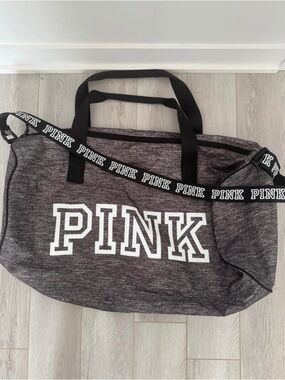PINK Victoria's Secret Heather Gray Logo Duffel Bag with Black Strap
